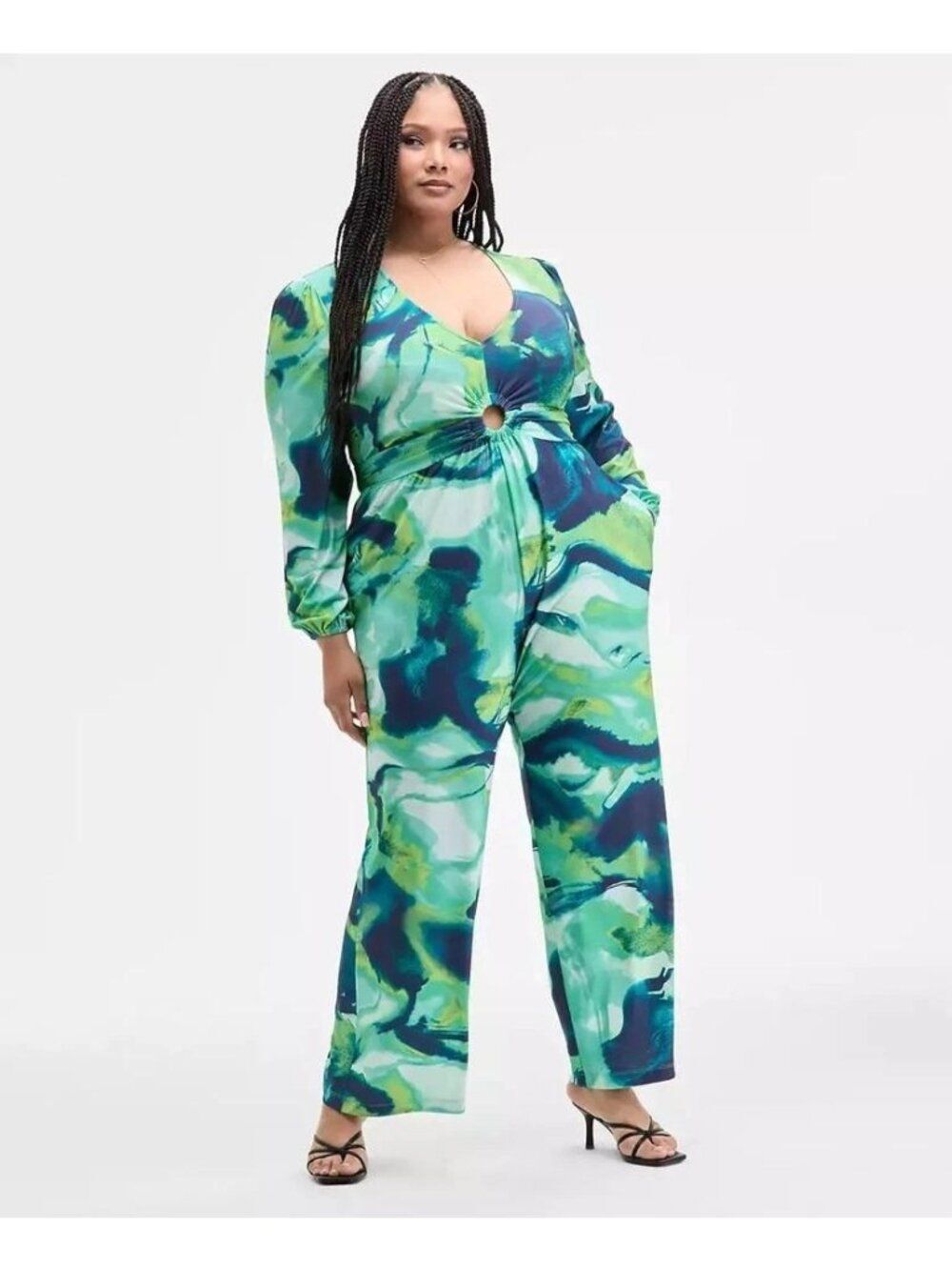 NinaβParker Plue Size Trendy Long Sleeve Ring Detail Jumpsuit Size 3X